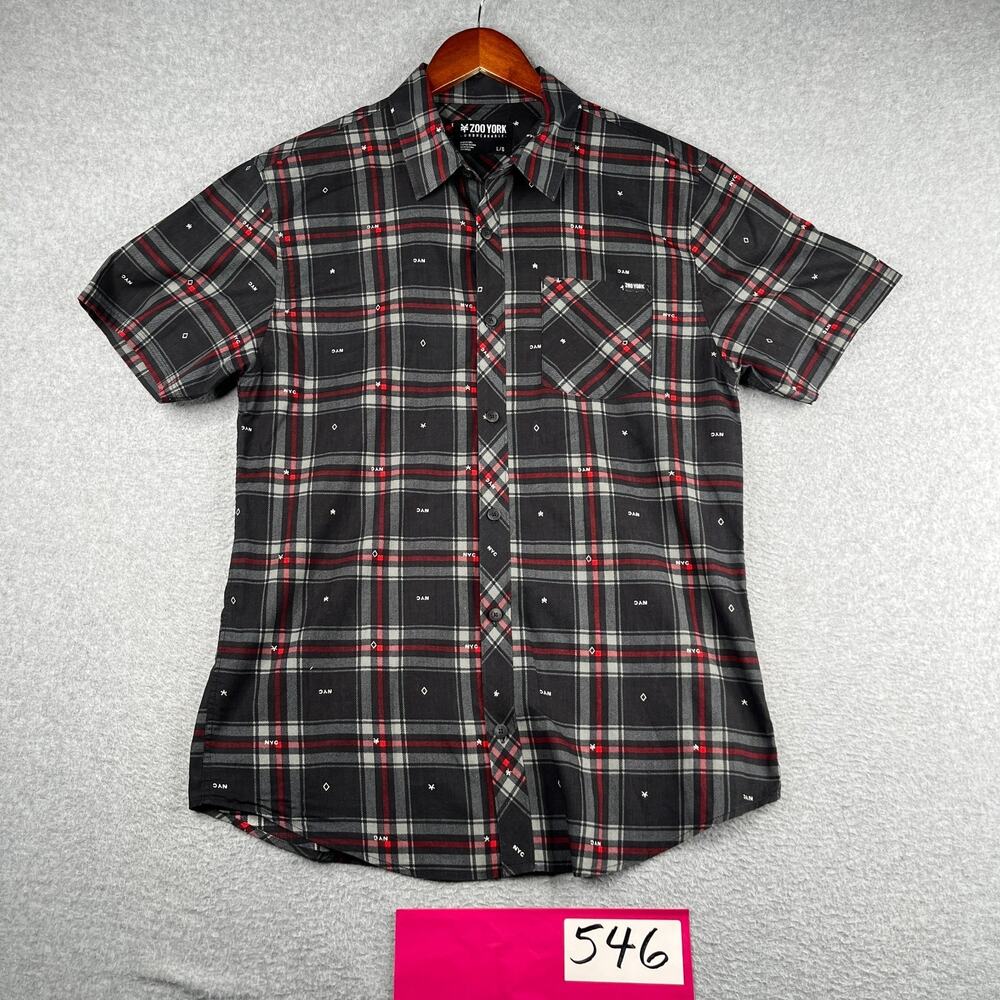 Zoo York Shirt Large Black Red Plaid Pocket Casual Button Up Short Sleeve Mens
